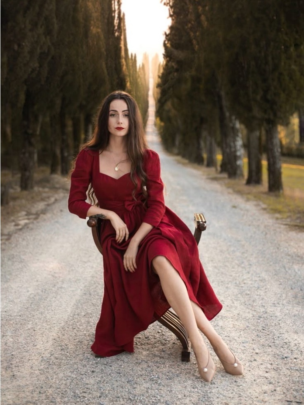 BEDRA VINTAGE 100% Linen GOTS Certified Burgundy Red Romantic Dress Size XS NWT
